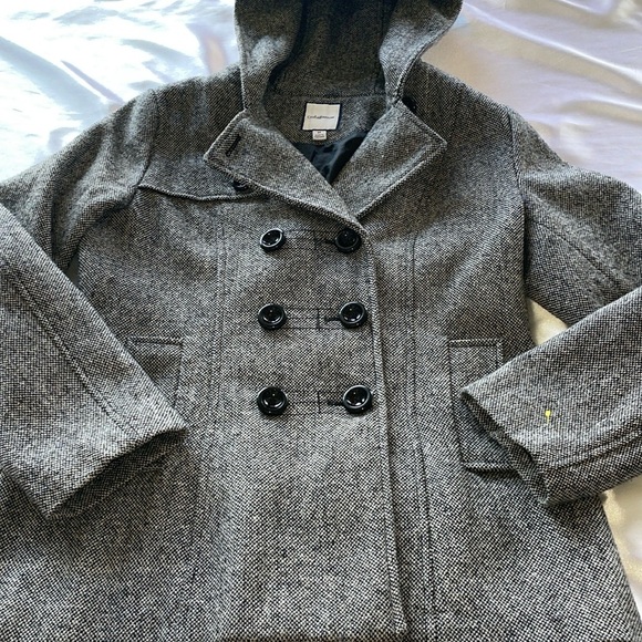 Croft & Barrow Tweed Wool Hooded Pea Coat Jacket Double Breasted Gray Black Med - Picture 13 of 13